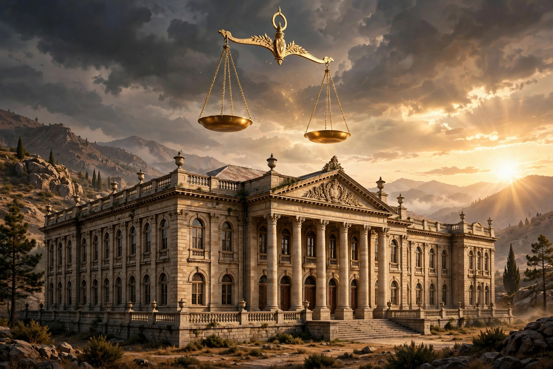 Balochistan High Court building with scales of justice — illustration