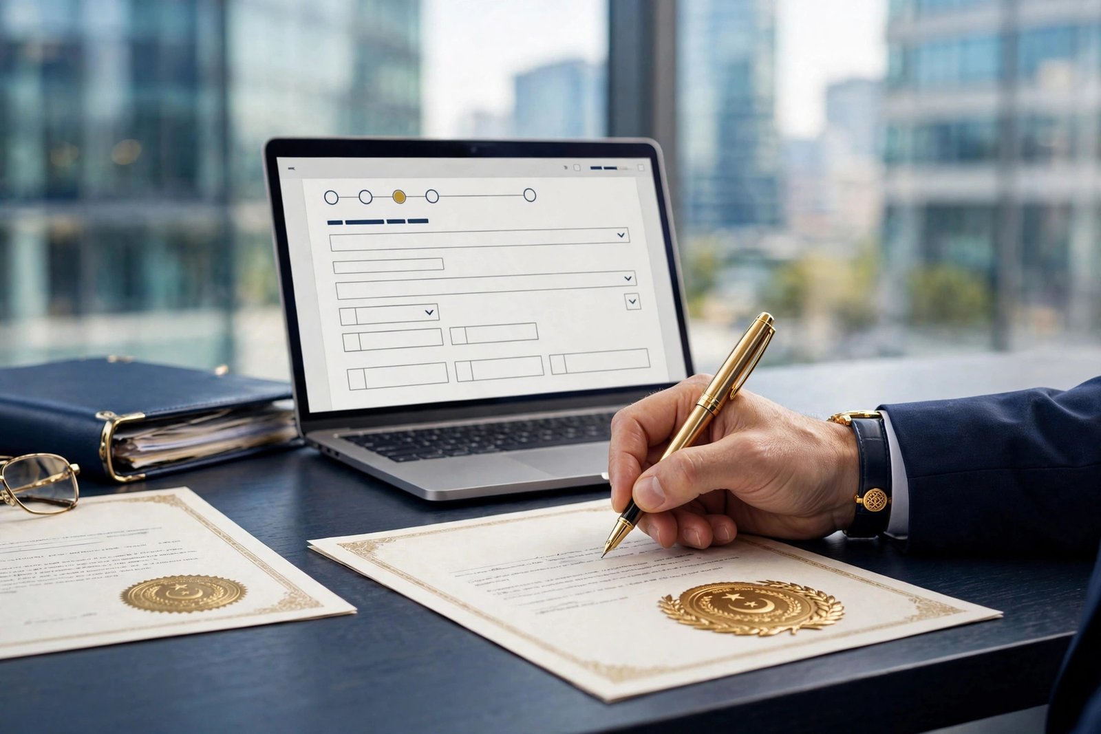 Professional legal illustration of company registration in Pakistan — SECP documents, office and businessman signing papers