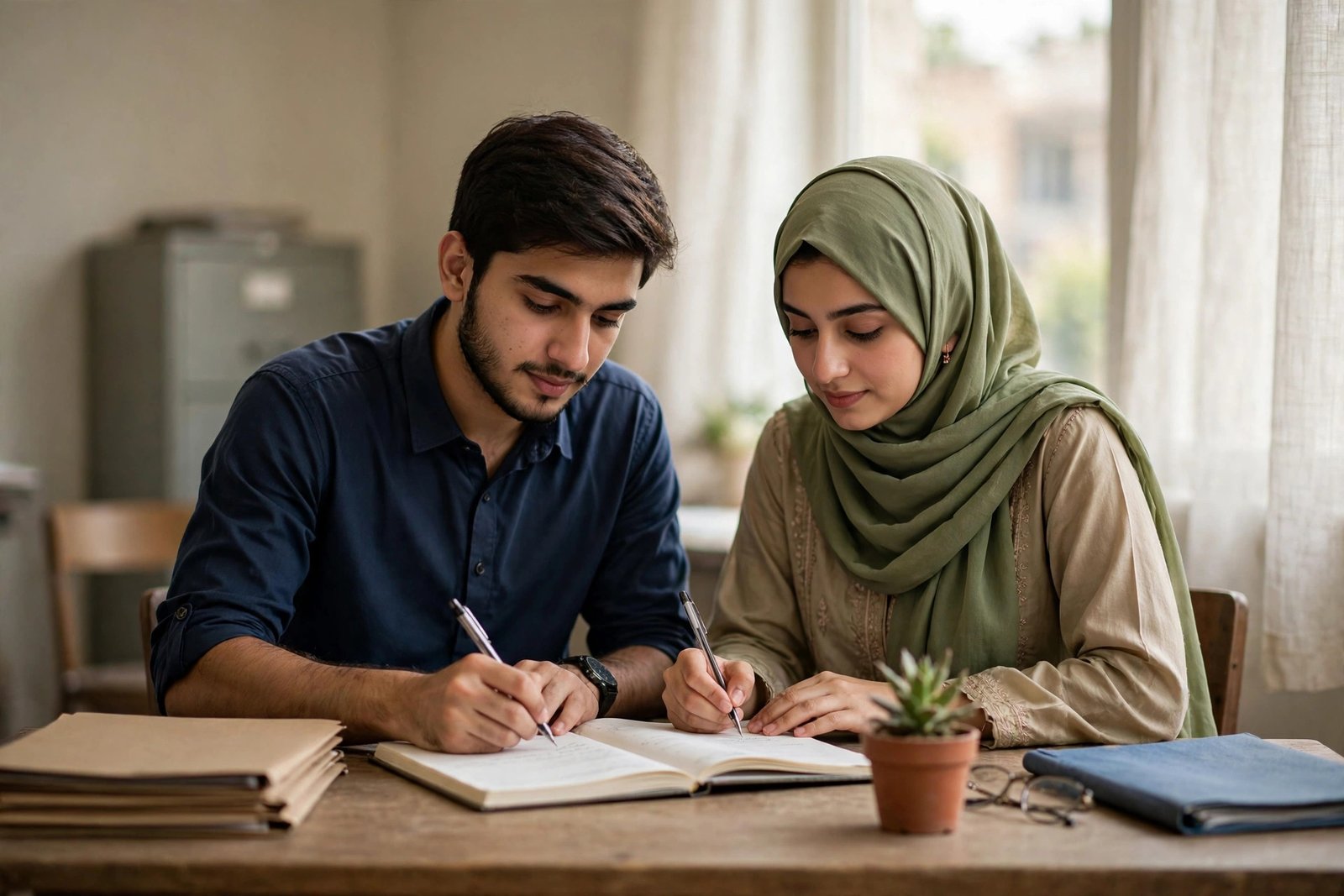 Couple signing nikah documents during a court marriage in Pakistan