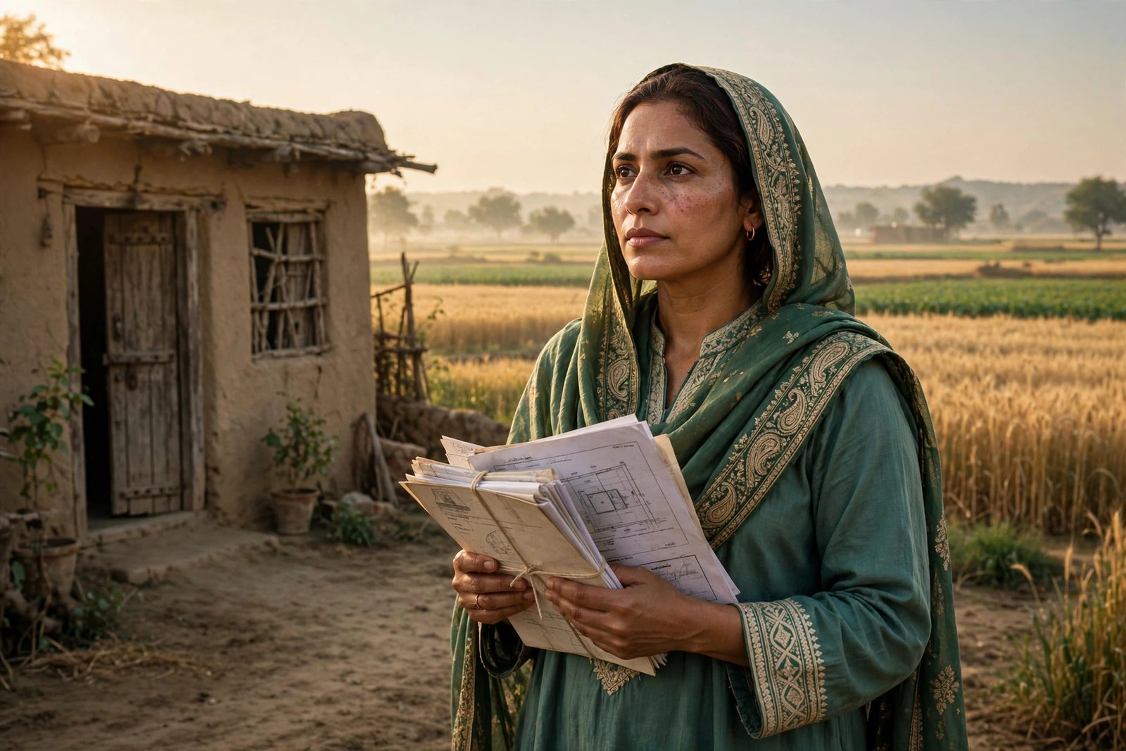 Illustration of a Pakistani woman holding inheritance documents outside a court, symbolising women's inheritance rights under Section 498-A