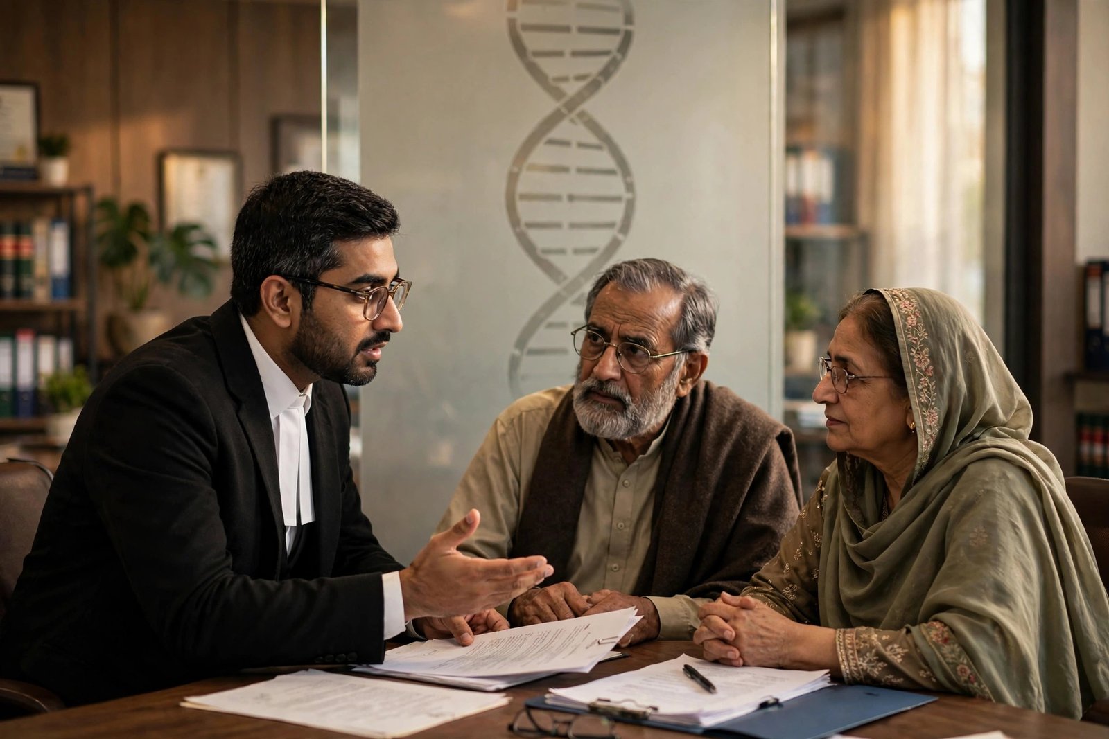 A Pakistani lawyer explaining DNA evidence rules in an inheritance dispute to a family in a law office