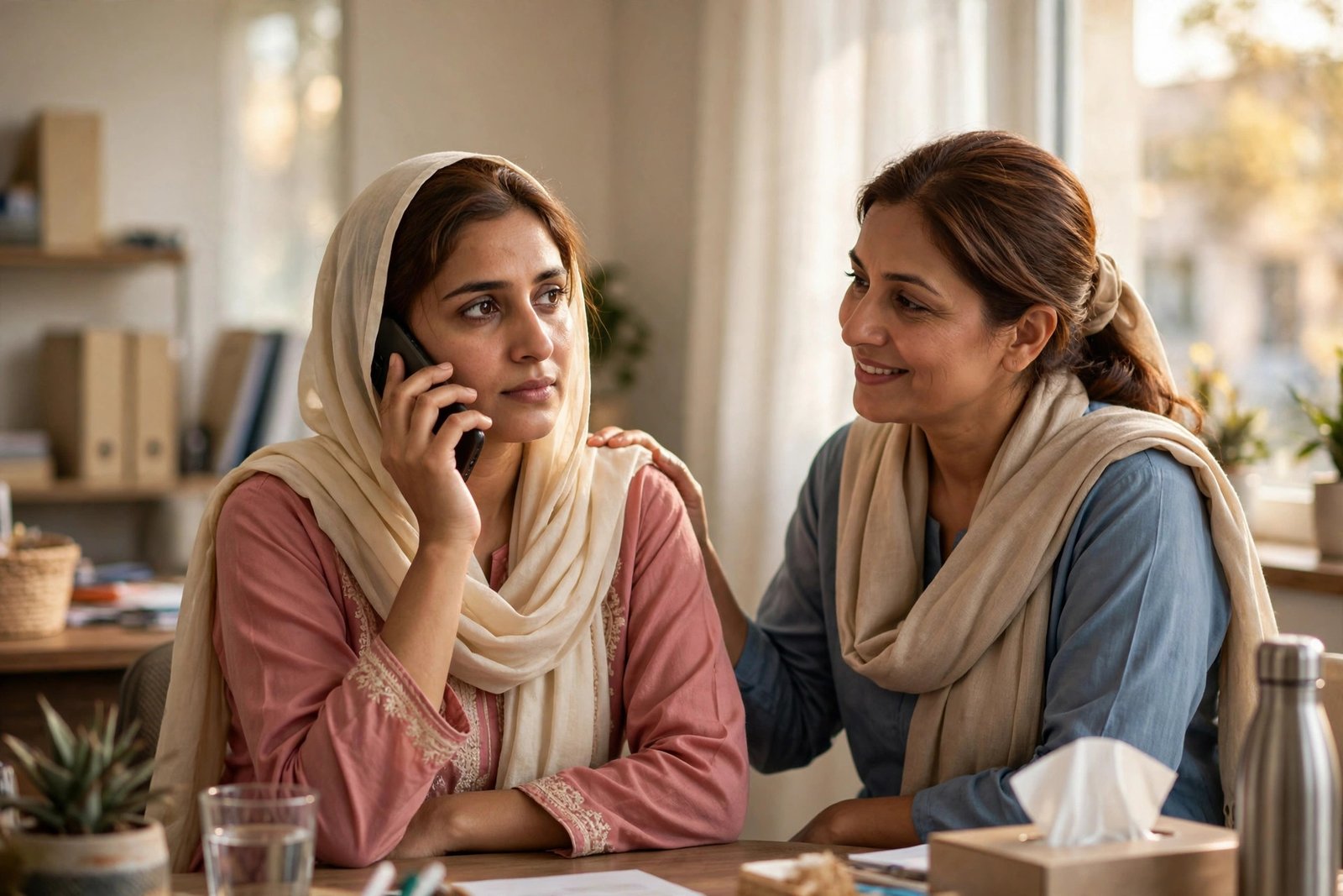Illustration of a support helpline theme for domestic violence victims in Pakistan