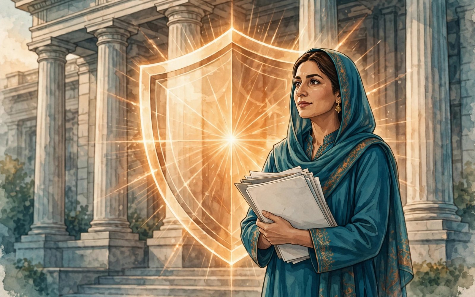 Pakistani woman being guided by a female officer inside a women protection centre, symbolic illustration