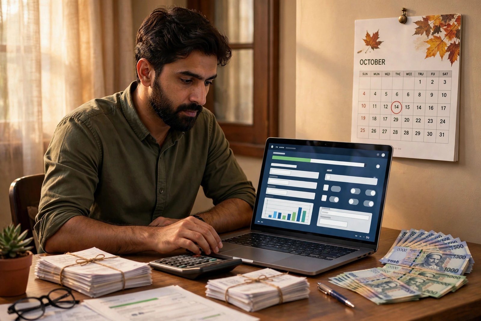 A Pakistani taxpayer filing an income tax return online at a desk with FBR website on screen