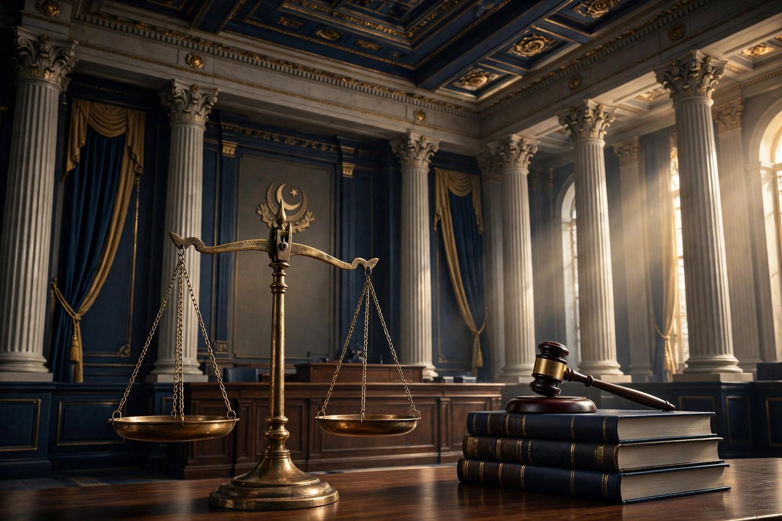 Professional legal illustration of Pakistan's Federal Constitutional Court — court columns, scales of justice and gavel