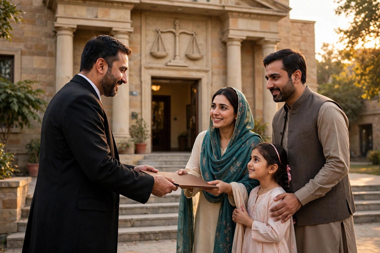 A Pakistani lawyer giving free legal advice to a low-income family in a legal aid office