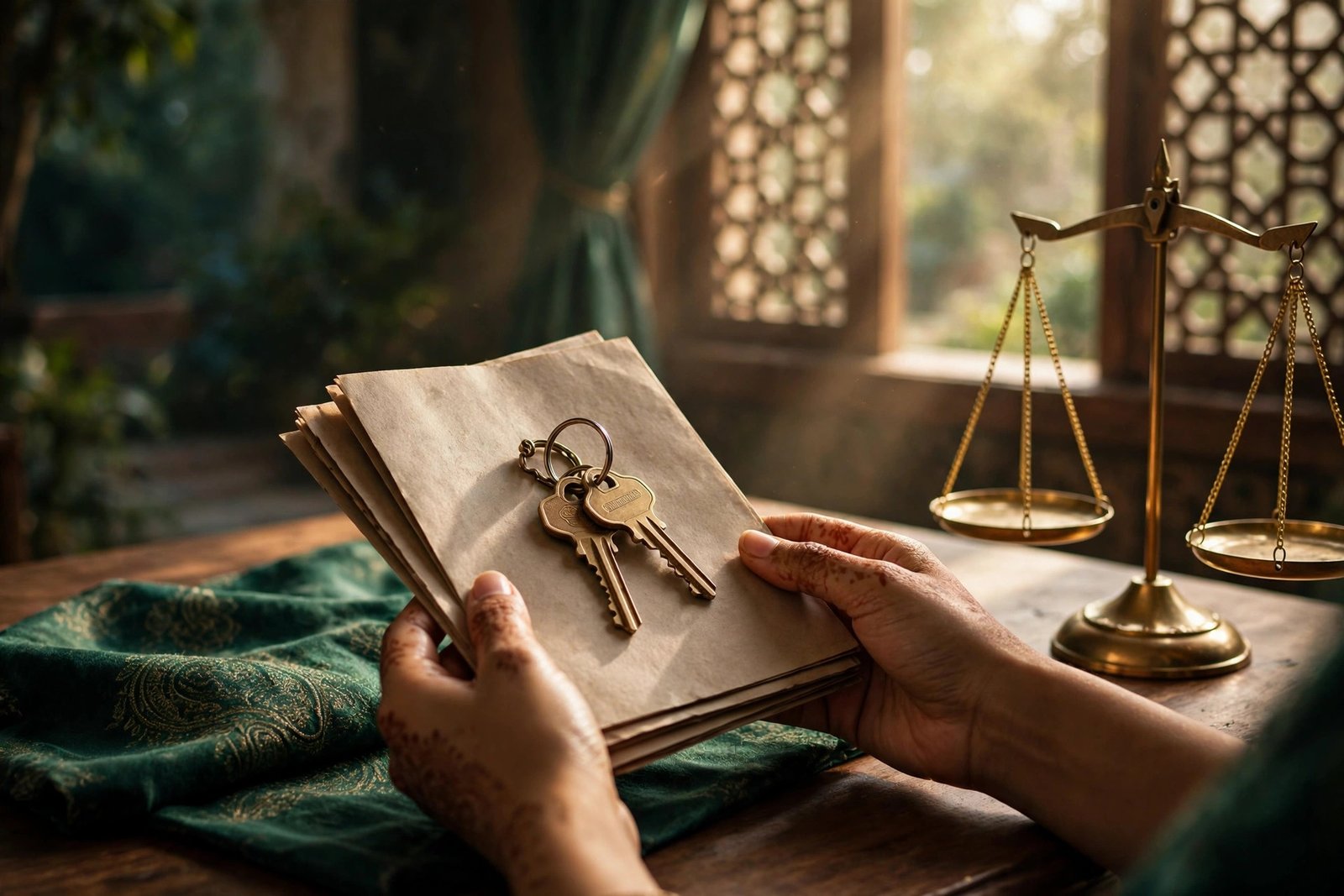 Professional legal illustration of women's inheritance rights in Pakistan — property documents, house keys and scales of justice