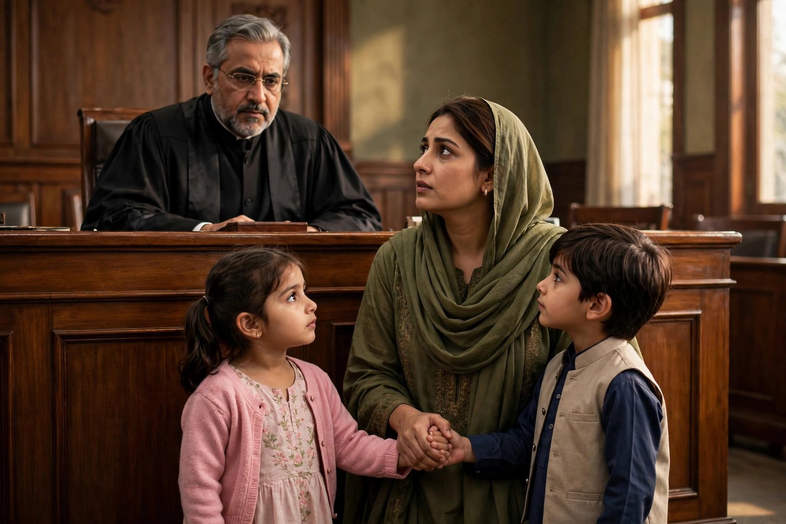 A Pakistani family courtroom scene with a judge hearing a child maintenance case involving a mother and her children