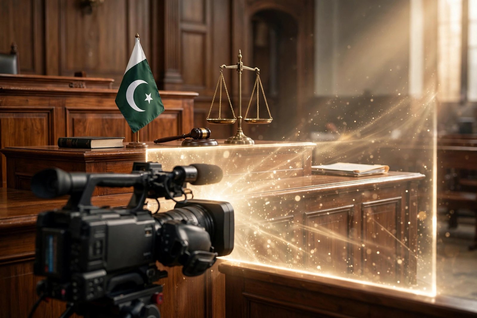 A Pakistani courtroom with the national flag, scales of justice, and a news camera blocked by a shield of light, symbolising the ban on media interviews of custody suspects