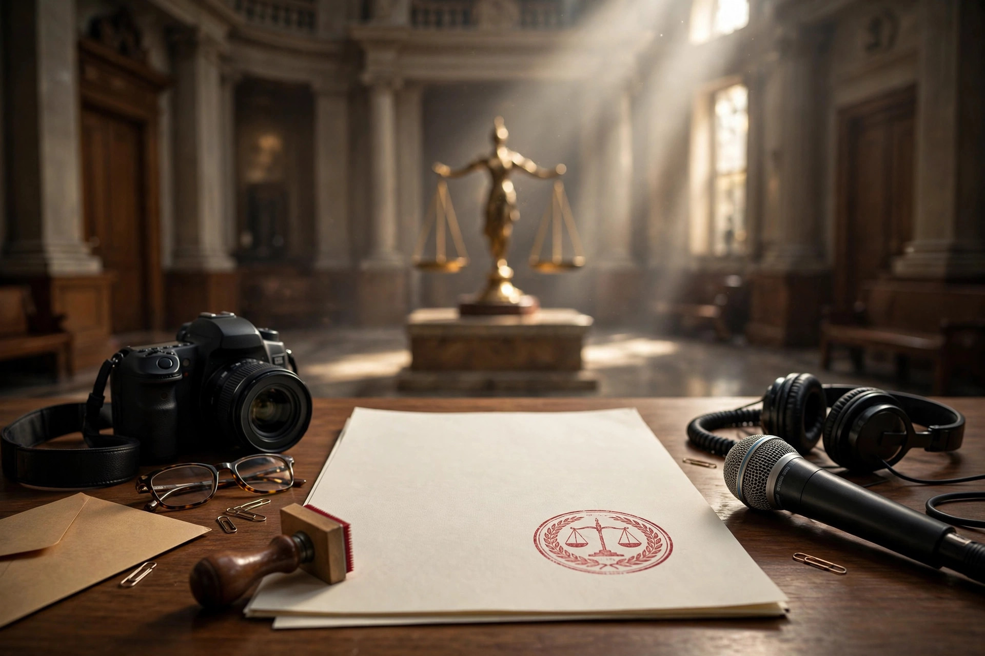 Professional legal illustration: a Lahore High Court-style courthouse with columns, scales of justice, and a legal notice document on a desk — no real persons depicted