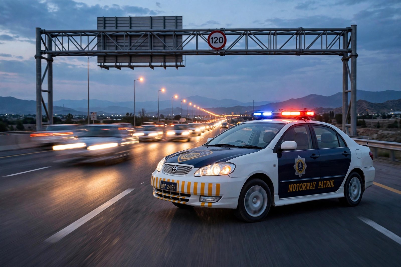 Motorway Police officer checking speed with a radar gun on a Pakistani motorway at dusk