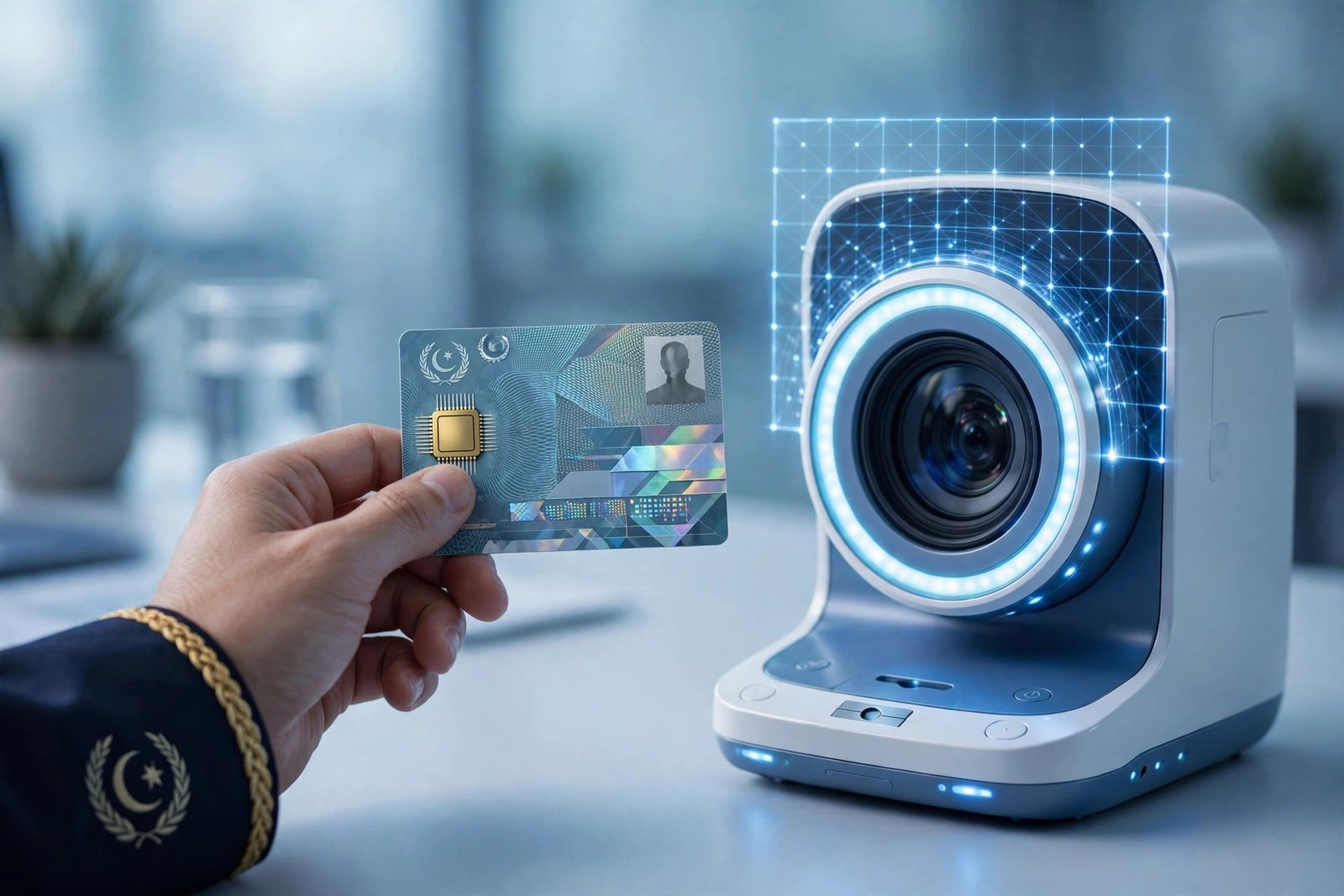 A Pakistani NADRA officer verifying a citizen's identity with facial recognition at a registration centre