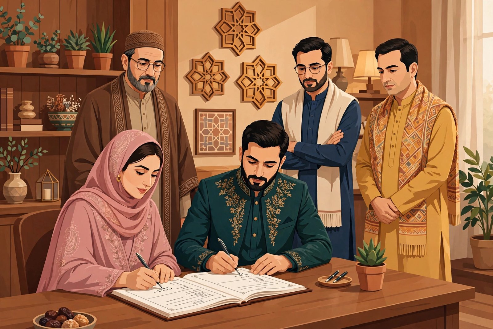 Pakistani couple signing the Nikah Nama register with the nikah khawan and witnesses