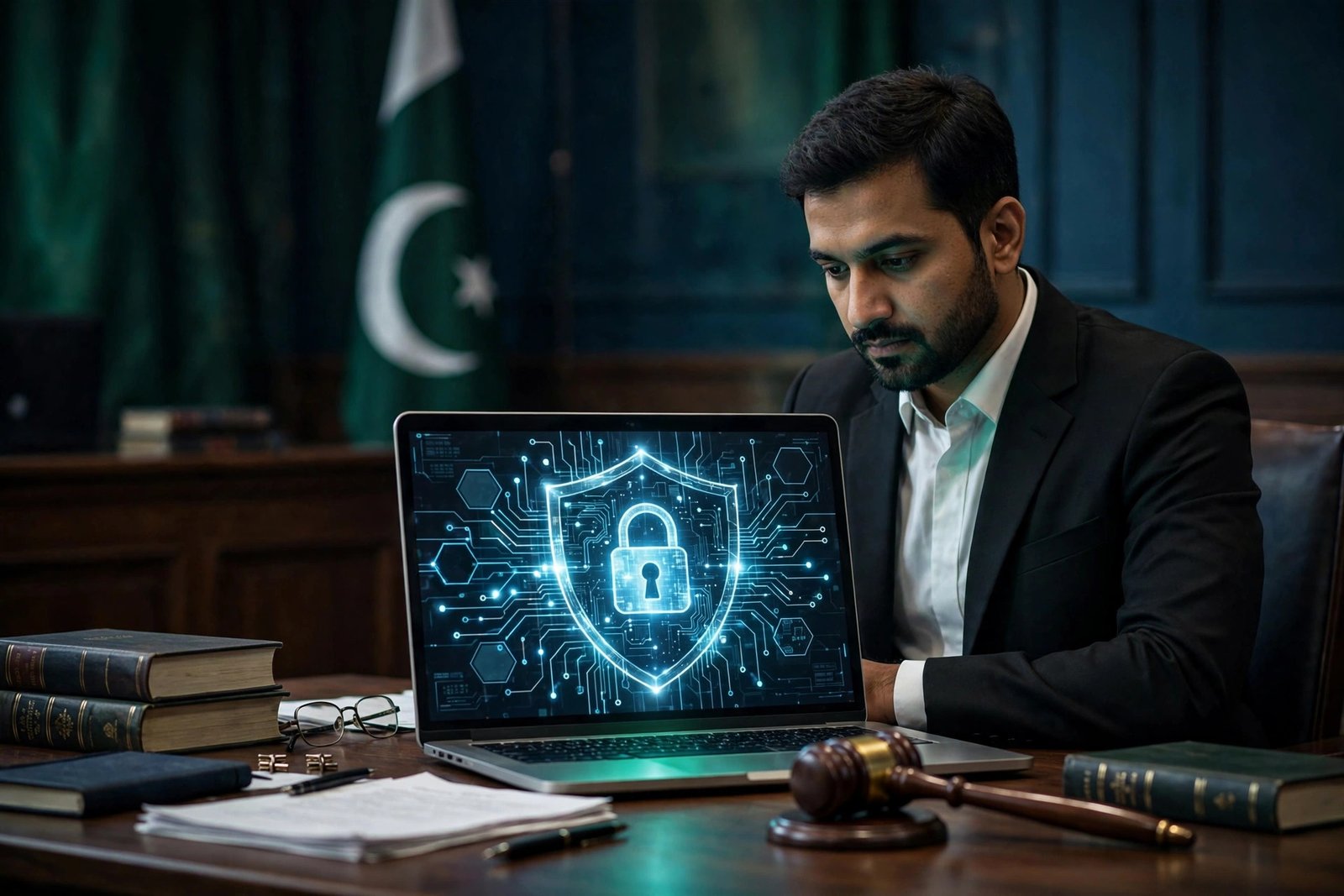 Illustration of PECA cybercrime law in Pakistan — hacker silhouette, digital shield and FIA Cybercrime symbols