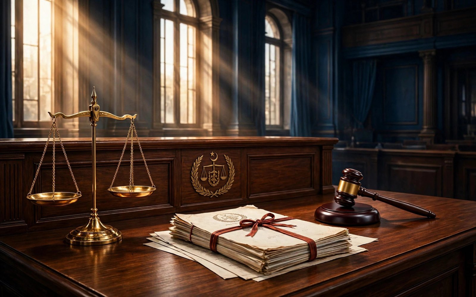 Pakistani lawyer presenting a bail application before a judge in a sessions courtroom, symbolic illustration