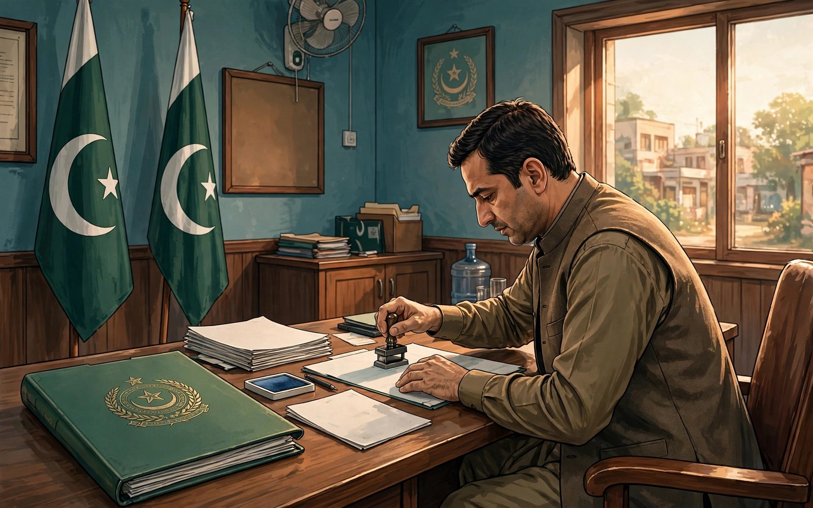 Pakistani man submitting an application at a Union Council office counter, symbolic illustration