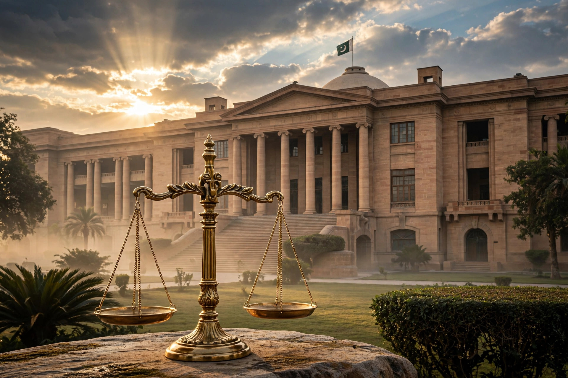 Sindh High Court building with scales of justice — illustration