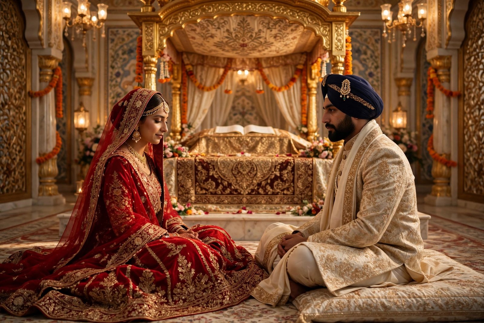 A Sikh couple in traditional attire at an Anand Karaj ceremony in a Pakistani gurdwara