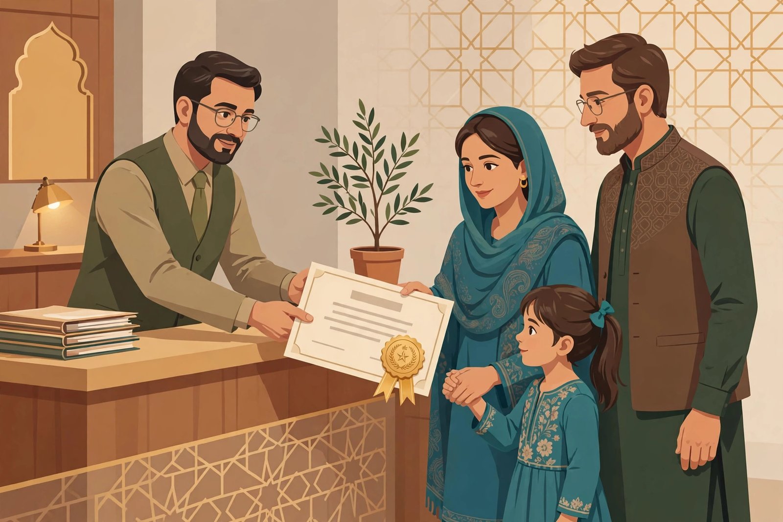 Pakistani family receiving NADRA succession certificate documents at a facilitation unit